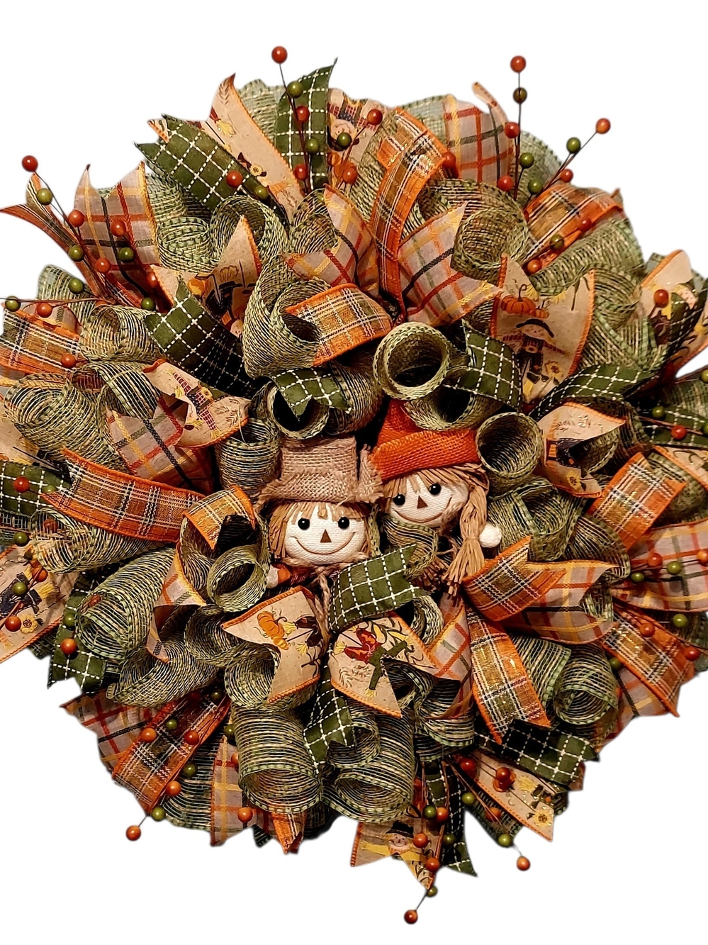 Autumn Harvest Scarecrow Wreath - Orange & Green Fall Door Decor